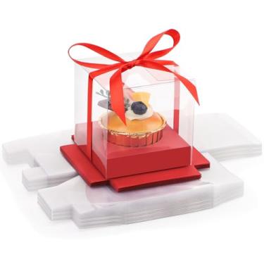Imagem de EUSOAR Embalagens transparentes para cupcake, 24 peças, armazenamento de cupcake vermelho de 8 cm para bolo de sobremesa, caixas individuais de plástico para cupcake com fita e inserções para