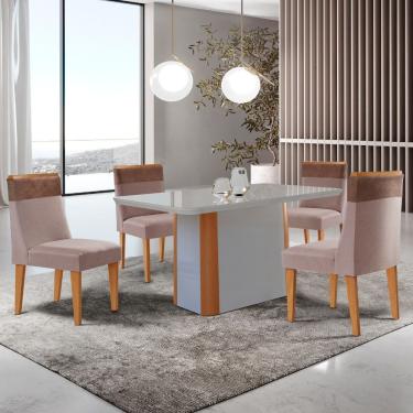Imagem de Mesa De Jantar Isadora 120cm Tampo Mdf Vidro Com 4 Cadeiras Linho Capuccino Tork Off White Naturale Serigrafia