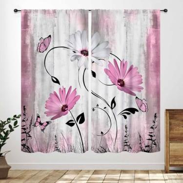 Imagem de Cortinas de cozinha floral rosa, planta rústica, casa de fazenda, campo, primavera, vintage, margarida, borboleta, tratamento de janela, para sala de estar, quarto, cozinha, banheiro, 53 cm L x 114 cm
