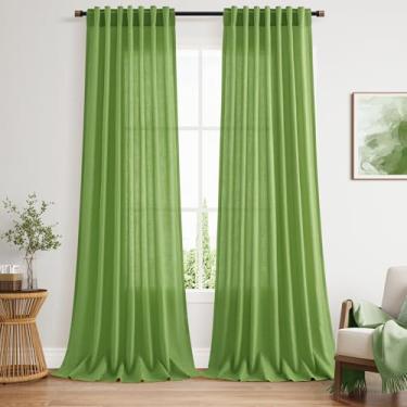 Imagem de Cortinas de linho verde limão 228 cm de comprimento, conjunto de 2 painéis para quarto, sala de estar, cortinas de janela texturizadas de linho macio semitransparentes, bolso para varão, aba traseira