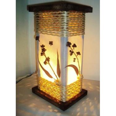 Imagem de Abajur de mesa luminária de corda com folhagens rustico madeira sala q