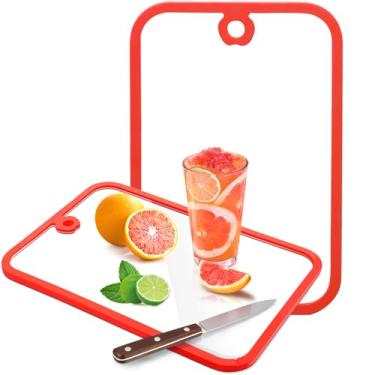 Imagem de Tábua de corte de vidro, 2 peças de tábua de corte de vidro temperado transparente durável não tóxica para cozinha, conjunto de tábua de cortar com borda de silicone antiderrapante e orifício para