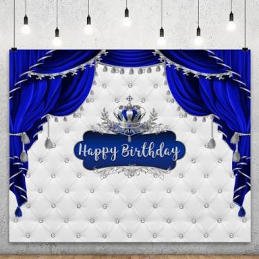 Imagem de YongFoto Pano de fundo azul royal feliz aniversário 2,4 x 2 m cabeceira sofá textura prata coroa azul cortina fotografia fundo menino menina festa de aniversário bebê chá de bebê retratos crianças