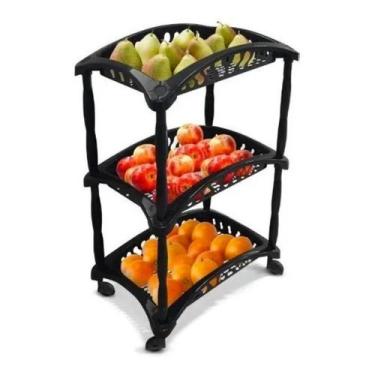 Imagem de Organizador Vertical Triplo Fruteira Preto 3 Andares Cestos Com Rodinh