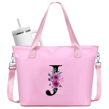 Imagem de JANSBEN Bolsa feminina personalizada - Bolsa de trabalho grande com compartimento para laptop e porta-copos Stanley Bolsa de enfermeira, rosa, One Size, Letra J