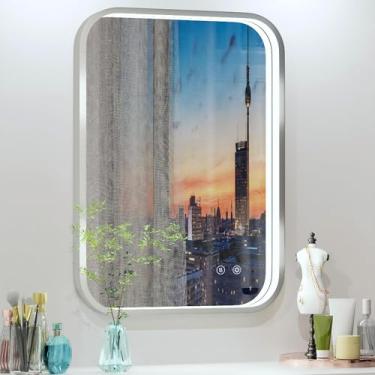 Imagem de JSneijder Espelho de banheiro LED prateado de 50 x 71 cm com luzes, ajustável 3000 K/4500 K/6000 K, espelhos de banheiro iluminados na parede, antiembaçamento, regulável, função de memória, horizontal