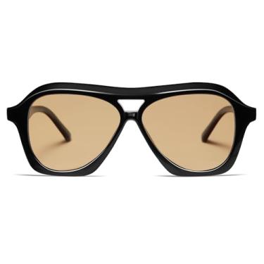 Imagem de VANLINKER Óculos de sol aviador quadrados retrô anos 70 feminino masculino moderno polarizado vintage VL9768, Armação preta C6/Lente marrom claro, M