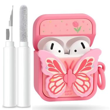 Imagem de Capa para AirPods 4 com kit de limpeza, capa protetora de silicone macio à prova de choque com chaveiro e tampa à prova de poeira, capa antiarranhões para AirPods 4ª geração (borboleta)