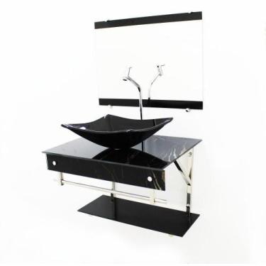 Imagem de Kit Gabinete 60Cm Cuba Retangular Mármore Preto + Torneira - Cubas E G