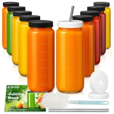 Imagem de Ruckae: Pacote com 10 Garrafas de Vidro de 473 ml com Tampa Hermética, Copo de Smoothie com Tampa e Canudo, Garrafa de Água de Vidro para Suco, Vitaminas, Kombucha