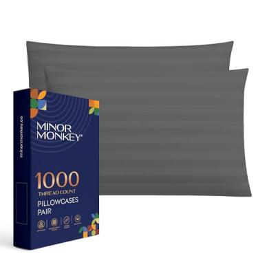 Imagem de Conjunto de 2 fronhas listradas damasco 100% algodão egípcio – Queen Size, 1000 fios luxuosas, refrescantes, fronhas de qualidade de hotel resistentes ao desbotamento para um sono confortável - cinza