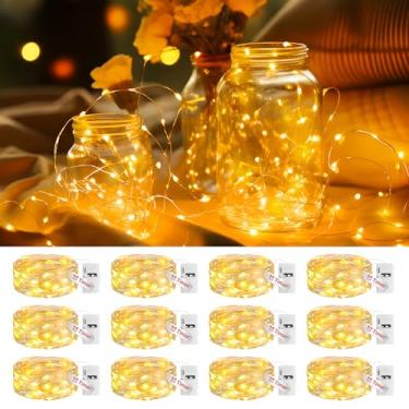 Imagem de Litogo Pacote com 12 luzes de fadas operadas a bateria com temporizador, 20 luzes de LED com 3 modos cintilantes, fio prateado à prova d'água de 2,1 m, mini pote de pedreiro a granel, decoração para