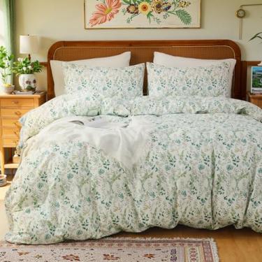 Imagem de Cozaline Conjunto de capa de edredom 100% algodão, tamanho queen, reversível, verde, jardim, capa de edredom super macia com fecho de zíper, leve, respirável