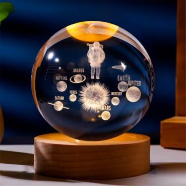Imagem de Luminária Bola de Cristal 3D LED Decoração com Base de Madeira USB Luminosidade e Efeitos Visuais (Sistema Solar)