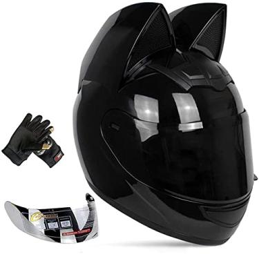 Imagem de Capacete elétrico de inverno personalizado com orelhas de gato capacete completo masculino e feminino em forma de corrida capacete de motocicleta, preto, G