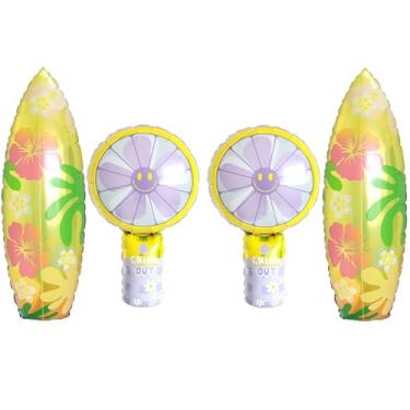 Imagem de Conjunto de 4 peças de balões de festa de verão: balões de prancha de surf de 2 × 91 cm + balões de ventilador de 5 x 81 cm para decoração de praia e piscina