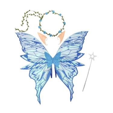Imagem de UGPLM Fantasia de Asas de Fada para Meninas com Varinha e Orelhas de Elfo para Festa de Máscaras de Halloween, Azul