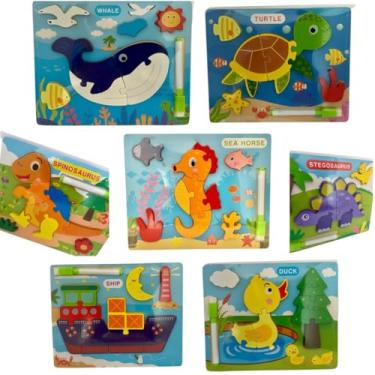 Imagem de Kit 2 Quebra-Cabeças de Madeira Infantil, Temas Sortidos, Com Lousa no verso e Caneta com ponta Apagador, para Crianças Acima de 3 Anos