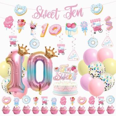 Imagem de JUYRLE Sweet Ten Birthday Decorations - Decorações de 10 anos para meninas com faixa de feliz aniversário de 10 anos Topper Sweet Ten Cake Topper 10º balão de alumínio para 10º donut decoração de