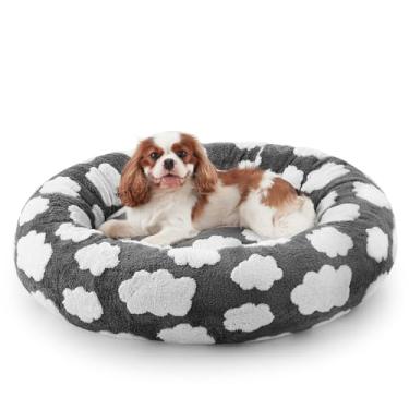 Imagem de JOEJOY Camas de donut para gatos internos, cama redonda calmante para cães pequenos com capa lavável removível, cama ortopédica fofa para filhotes de cachorro com pelúcia jacquard felpuda e parte