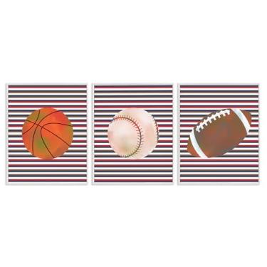 Imagem de Stupell Industries Conjunto de arte giclée emoldurado branco com listras e bolas esportivas, design de Marcus Prime, 14 x 11