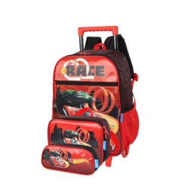 Imagem de Mochila Escolar Rodinha e Costas + Lancheira + Estojo Hot Wheels Luxce