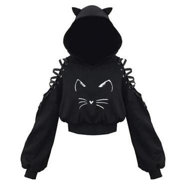 Imagem de Moletom feminino com capuz de orelha de gato pulôver de manga comprida