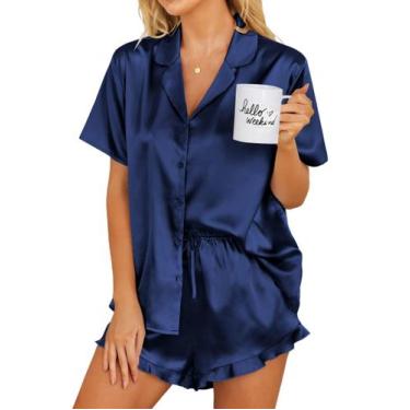 Imagem de Conjunto de pijamas Ekouaer Silk para mulheres com botões azul marinho