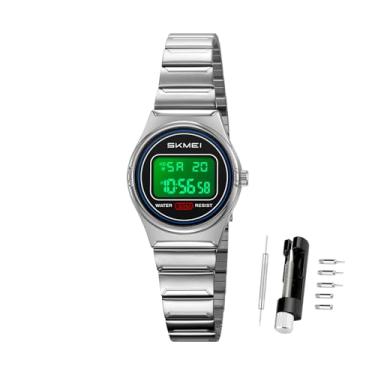 Imagem de SKMEI Relógios digitais femininos elegantes à prova d'água, moda feminina, relógio de pulso de aço inoxidável com luz LED, Prata e prata