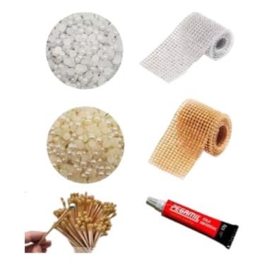 Imagem de Kit Artesanato Meia Pérola 6mm Manta Strass Cola Para Artesanato