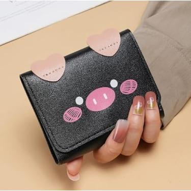 Imagem de Carteira feminina com três dobras com cabeça de porco, bloqueio RFID de couro com janela para identidade, Preto, 2 inches (D) x 6 inches (W) x 8 inches (H), Carteira pequena