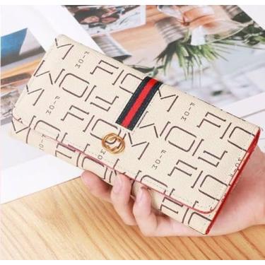 Imagem de Carteira de couro feminina slim designer com três dobras porta-cartão de crédito bege