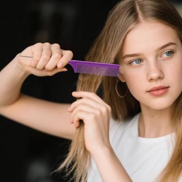 Imagem de Pente de cauda de rato para penteados profissionais – pente de cauda de metal de dente fino para seção, separação e desembaraçamento de precisão, roxo