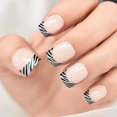 Imagem de Unhas curtas Squoval Press on Nails Nude Black French Fake Nails Glossy Full Cover Kit de unhas postiças para mulheres - 24 peças/conjunto
