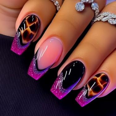 Imagem de 24 peças de unhas postiças quadradas médias roxas, gradiente, ponta francesa, cola acrílica em unhas com estampa de leopardo, unhas postiças, glitter, brilhante, artificial, para mulheres