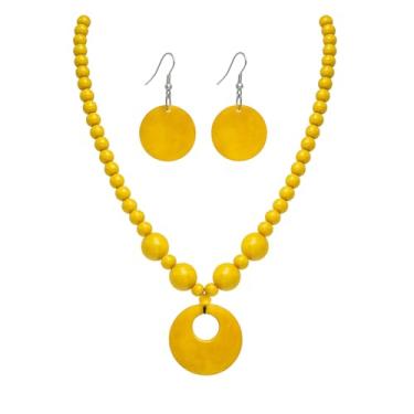 Imagem de KZL Conjunto de brincos com pingente de contas de madeira vintage redondo boêmio colorido contas de madeira natural suéter gargantilha colar declaração conjunto de joias étnicas para mulheres, Madeira