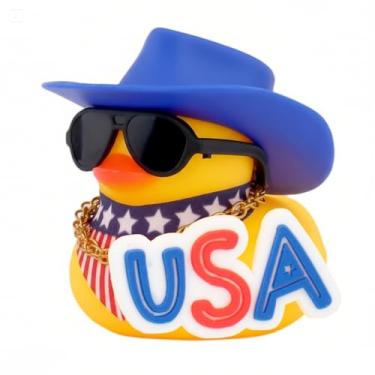 Imagem de wonuu Ornamentos de carro de pato de borracha bandeira americana cachecol painel decorações com chapéu de caubói, A-USA-azul