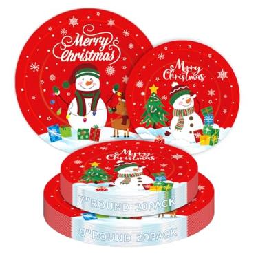 Imagem de 40 peças de pratos de papel de Feliz Natal – Pratos de Natal vermelhos descartáveis, boneco de neve fofo, árvore de Natal, jantar, sobremesa, prato de mesa, kit de utensílios de mesa para decoração de