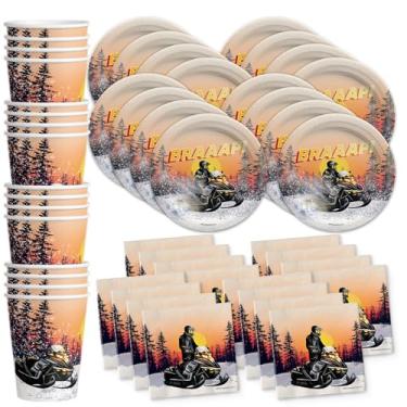 Imagem de Conjunto de artigos de festa de aniversário para motos de neve – Artigos de festa off-road para corrida de trenó – | O conjunto de utensílios de mesa de inverno inclui pratos, guardanapos e copos |