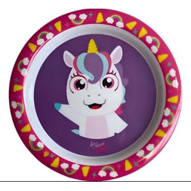 Imagem de Prato Infantil de Acrílico Tema Unicórnio Roxo e Rosa Decorado com Arco-Íris e Nuvens para Refeições