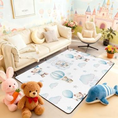Imagem de Tapete de área infantil de urso de desenho animado, adorável nuvem balão de ar quente, tapete de entrada para meninas e meninos, tapete antiderrapante de estrela de conto de fadas sonhador, decoração