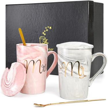 Imagem de Canecas de café Mr and Mrs da Yesland, 443 g, presentes de casamento para casal/noiva e noivo, copos de mármore de cerâmica para chá de panela, casamento, casal, aniversário de casamento