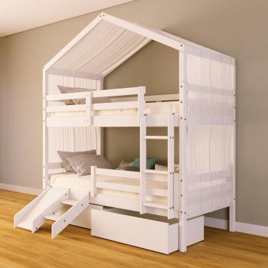 Imagem de Beliche Solteiro Casinha com Gavetas Cortina Grade Proteção e Kit Escada/Escorregador Madeira Maciça Branco Megamobilia
