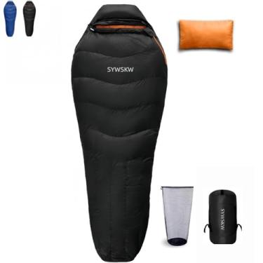 Imagem de SYWSKW Saco de dormir de plumas com travesseiro para mochila, saco de dormir de 220 x 85 cm, para adultos, adolescentes, jovens, acampamentos e caminhadas ao ar livre com penas de pato de 680 FP