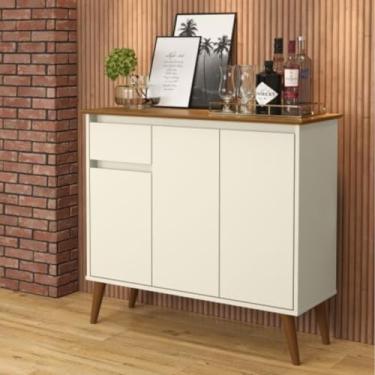 Imagem de Aparador Buffet Retrô Off White e Freijó Pés de Madeira com 3 Portas e Gaveta Veneza