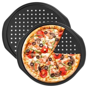 Imagem de Chewtoyo Alças e furos de 35,5 cm com frigideiras de pizza, 2, bandejas de aço carbono redondas para pizza, assadeiras antiaderentes, pizza mais crocante e resistente ao calor, utensílios práticos de