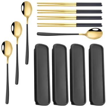 Imagem de Estojo e estilo coreano 2 peças com portátil, 4 conjuntos de aço inoxidável ouro preto, colher pauzinhos para casa para viagens conjunto de festas e ideal