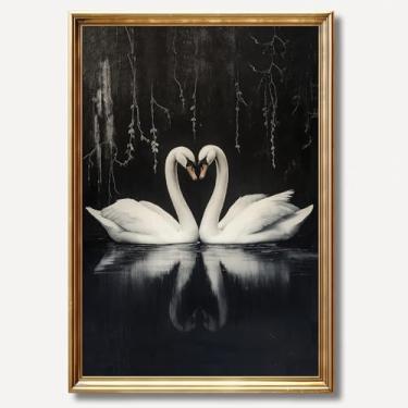 Imagem de Cisne no lago imagem cisnes preto e branco arte de parede vida selvagem arte de parede pássaro temperamental escuro impressão de animais vintage tela casal cisne pintura de pássaro vintage pôster