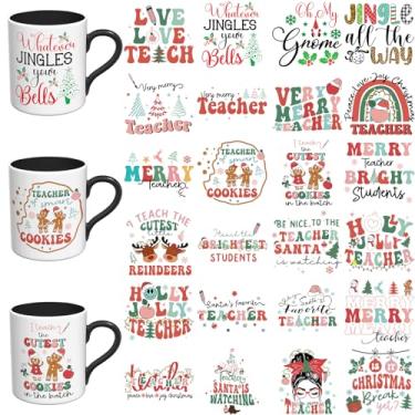 Imagem de Adesivos DTF UV de Natal - 24 folhas de Natal professor UV DTF envoltório de copo para canecas de vidro café, decalques DIY para copos, esfregar à prova d'água em transferências para artesanato