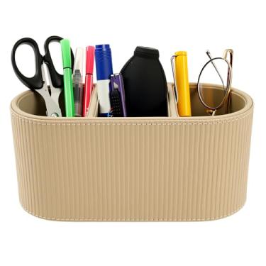 Imagem de Suporte para controle remoto de TV, suporte de caneta de couro sintético para mesa com 3 compartimentos, caixa de armazenamento remoto de mídia colocada/óculos/pincel de maquiagem/produtos de